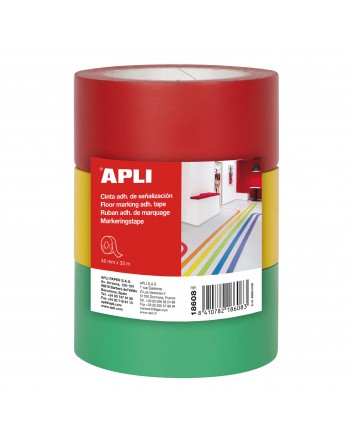 APLI CINTA ADHESIVA DE SEÑALIZACION PVC ROJO AMARILLO VERDE 40MM X 33MT PARA SUELO 2 BOBINAS - 18608