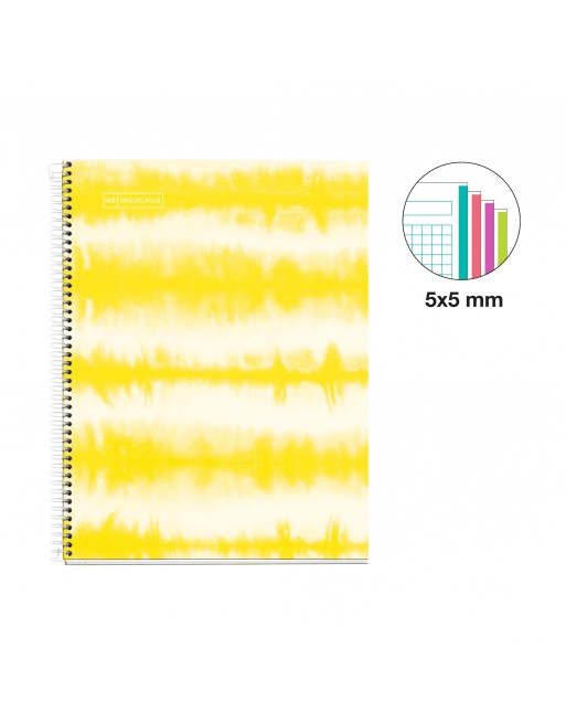 MIQUEL RIUS NOTEBOOK 4 NEON TIE DAY AMARILLO MICROPERFORADO TAPA EXTRADURA CUADRICULA 5X5 FORMATO A4 120 HOJAS SERIE NEONMR44741