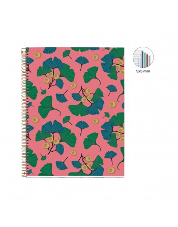 MIQUEL RIUS NOTEBOOK 4  ROSA GINKGO MICROPERFORADO TAPA CARTON RIGIDO CUADRICULA 5X5 FORMATO A4 120 HOJAS SERIE DESIGN GIFT MR46