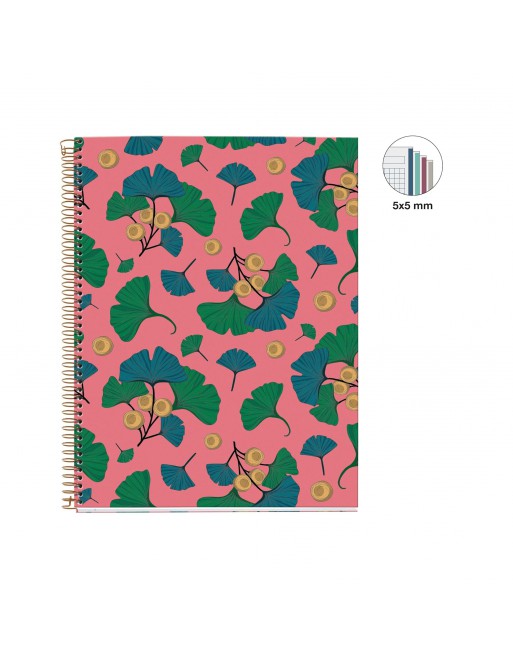 MIQUEL RIUS NOTEBOOK 4  ROSA GINKGO MICROPERFORADO TAPA CARTON RIGIDO CUADRICULA 5X5 FORMATO A4 120 HOJAS SERIE DESIGN GIFT MR46