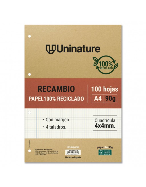 UNIPAPEL RECAMBIO DE PAPEL A4 100 HOJAS DE 90 GR 4X4 UNINATURE - 53392700