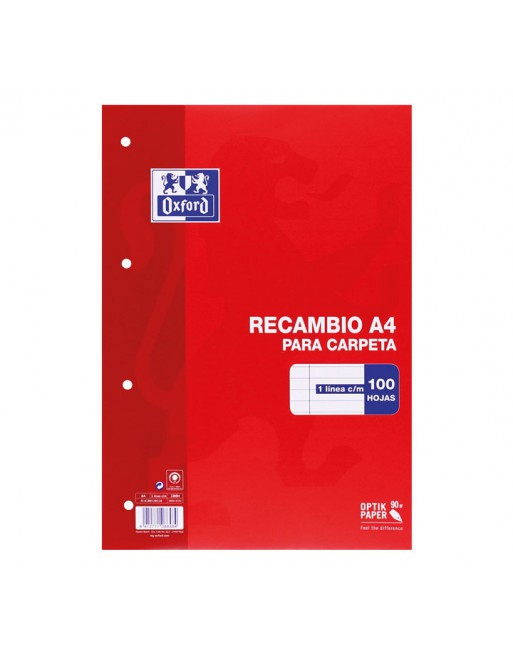 OXFORD RECAMBIO A4 100H 90GR HORIZONTAL 4 TALADROS ROJO - 100430210