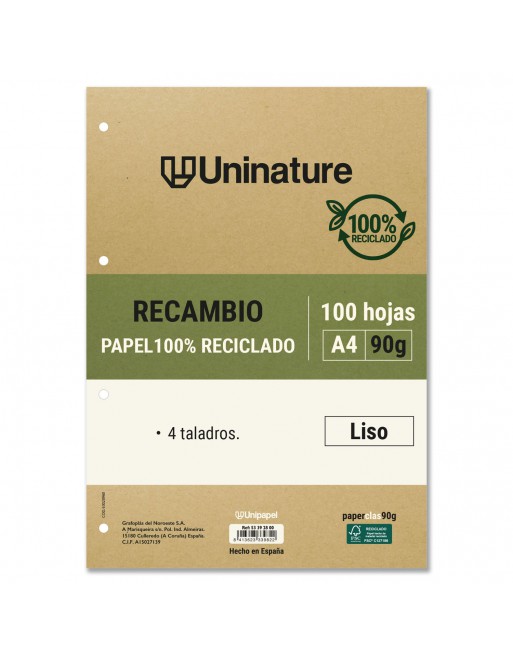 UNIPAPEL RECAMBIO DE PAPEL A4 100 HOJAS DE 90 GR LISO UNINATURE - 53392800