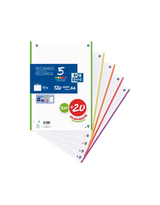 OXFORD RECAMBIO 100h+20 CUADRICULA 5x5 5 COLORES VIVOS 400148310