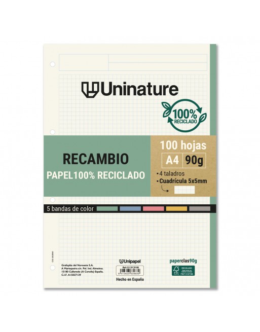 UNIPAPEL RECAMBIO DE PAPEL A4 100 HOJAS DE 90 GR 5X5 UNINATURE - 53392900