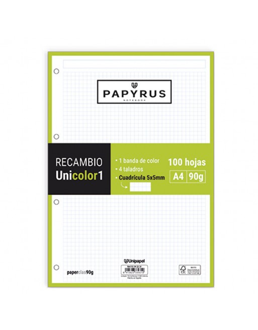 GRAFOPLAS PAPIRUS RECAMBIOS A4 100 HOJAS 90 G CUADRICULA 5X5 MM SIN MARGEN CON 4 TALADROS VERDE LIMA UNICOLOR - 53392221
