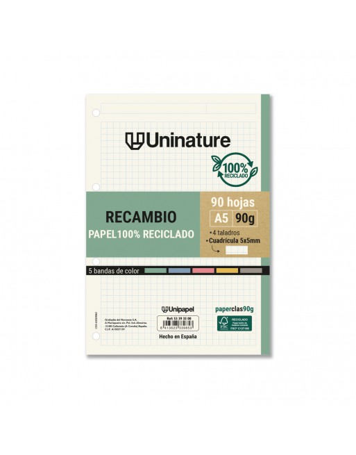 UNIPAPEL RECAMBIO DE PAPEL A5 100 HOJAS DE 90 GR 5X5 UNINATURE - 53393500