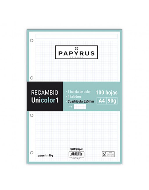 GRAFOPLAS PAPIRUS RECAMBIOS A4 100 HOJAS 90 G CUADRICULA 5X5 MM SIN MARGEN CON 4 TALADROS MINT UNICOLOR - 53392226