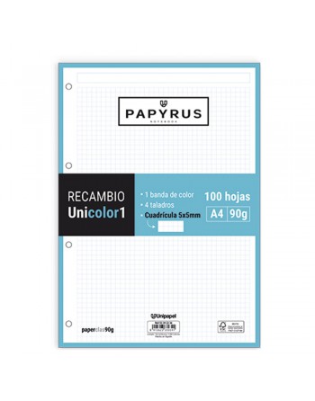 GRAFOPLAS PAPIRUS RECAMBIOS A4 100 HOJAS 90 G CUADRICULA 5X5 MM SIN MARGEN CON 4 TALADROS TURQUESA UNICOLOR - 53392236