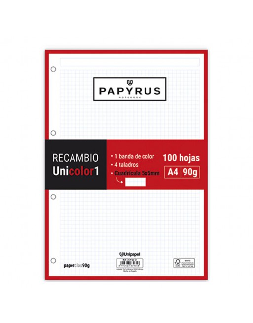 GRAFOPLAS PAPIRUS RECAMBIOS A4 100 HOJAS 90 G CUADRICULA 5X5 MM SIN MARGEN CON 4 TALADROS ROJO UNICOLOR - 53392251