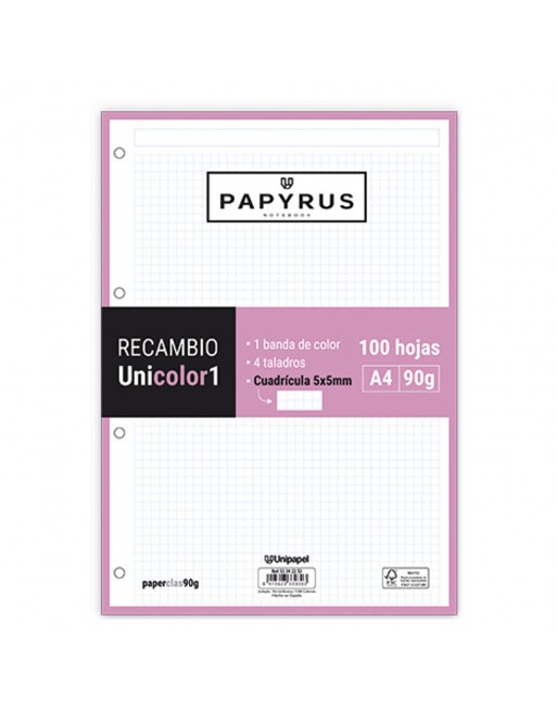 GRAFOPLAS PAPIRUS RECAMBIOS A4 100 HOJAS 90 G CUADRICULA 5X5 MM SIN MARGEN CON 4 TALADROS ROSA UNICOLOR - 53392253