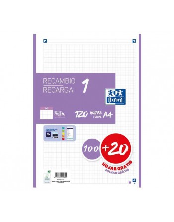 OXFORD RECAMBIO A4 100+20 HOJAS 90GR 4 TALADROS 5X5 COLOR LILA - 400158164