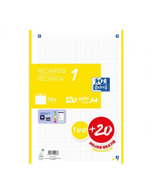 OXFORD RECAMBIO A4 100+20 HOJAS 90GR 4 TALADROS 5X5 COLOR AMARILLO - 400158160