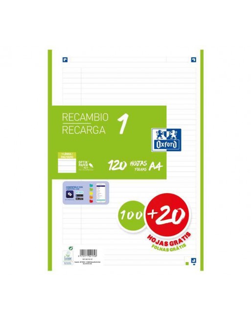 OXFORD RECAMBIO A4 100+20 HOJAS 90GR 4 TALADROS HORIZONTAL COLOR VERDE - 400158167