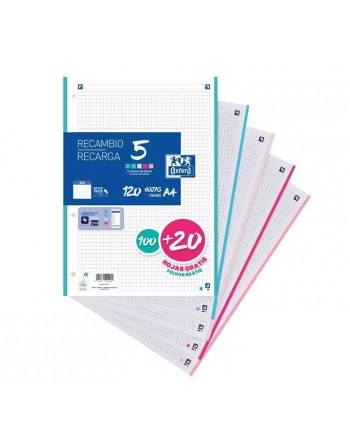 OXFORD RECAMBIO A4 100+20 HOJAS 90GR 4 TALADROS 5X5 5 COLORES PASTEL SURTIDO - 400146851