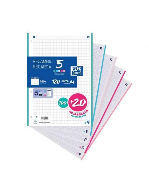 OXFORD RECAMBIO A4 100+20 HOJAS 90GR 4 TALADROS 5X5 5 COLORES PASTEL SURTIDO - 400146851