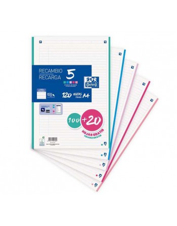 OXFORD RECAMBIO A4 100+20 HOJAS 90GR 4 TALADROS HORIZONTAL 5 COLORES PASTEL SURTIDO - 400159876