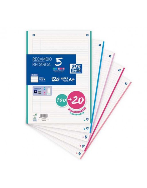 OXFORD RECAMBIO A4 100+20 HOJAS 90GR 4 TALADROS HORIZONTAL 5 COLORES PASTEL SURTIDO - 400159876