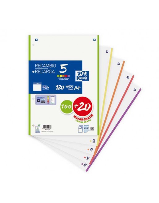 OXFORD RECAMBIO A4 100+20 HOJAS 90GR 4 TALADROS LISO 5 COLORES VIVOS SURTIDO - 400158168
