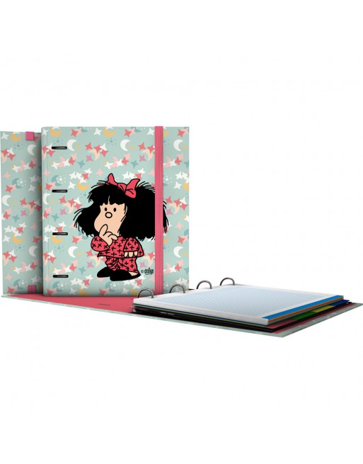 GRAFOPLAS CARPEBLOC FANTASIA 25 MAFALDA PIJAMA FORMATO A4 DE 4 ANILLAS DE 35 CON GOMA RECAMBIO DE 5X5 DE 5 COLORES 88122725
