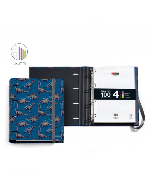 MIQUEL RIUS CARPEBLOC A4 WILD DINO 4 ANILLAS DE 35 MM CON RECAMBIO 100 HOJAS 4 COLORES MR15071