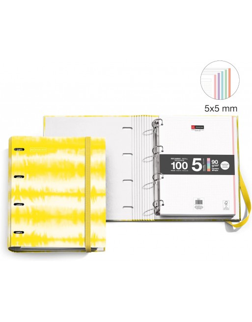 MIQUEL RIUS CARPEBLOC A4 TIE DAY AMARILLO NEON 4 ANILLAS DE 35 MM CON RECAMBIO 100 HOJAS 5 COLORES MR15092