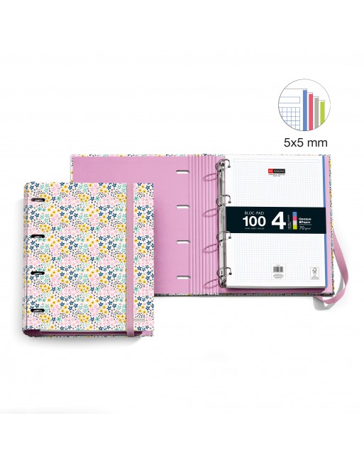 MIQUEL RIUS CARPEBLOC A4 HAPPY FLOWER 4 ANILLAS DE 35 MM CON RECAMBIO 100 HOJAS 4 COLORES MR20978