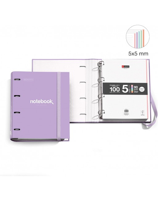 MIQUEL RIUS CARPEBLOC A4 DE POLIFOAM LAVANDA 4 ANILLAS DE 35 MM CON RECAMBIO 100 HOJAS 5 COLORES MR15108