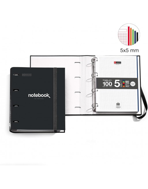 MIQUEL RIUS CARPEBLOC A4 DE POLIFOAM NEGRO 4 ANILLAS DE 35 MM CON RECAMBIO 100 HOJAS 5 COLORES MR15111