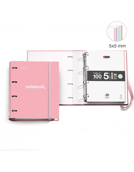MIQUEL RIUS CARPEBLOC A4 DE POLIFOAM ROSA 4 ANILLAS DE 35 MM CON RECAMBIO 100 HOJAS 5 COLORES MR15112