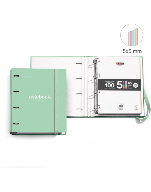 MIQUEL RIUS CARPEBLOC A4 DE POLIFOAM MENTA 4 ANILLAS DE 35 MM CON RECAMBIO 100 HOJAS 5 COLORES MR15113