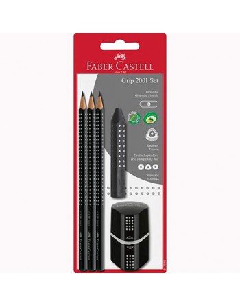 FABER CASTELL SET 2001 GRIP 3 LÁPICES DE GRAFITO + GOMA + SACAPUNTAS NEGRO EN BLISTER 217093