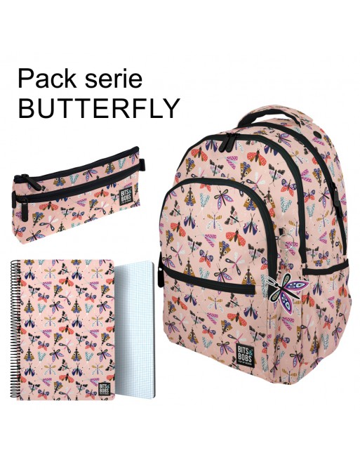 GRAFOPLAS PACK SERIE BUTTERFLY MOCHILA  - PORTATODO REDONDO - LIBRETA A4 80 HOJAS 37502235