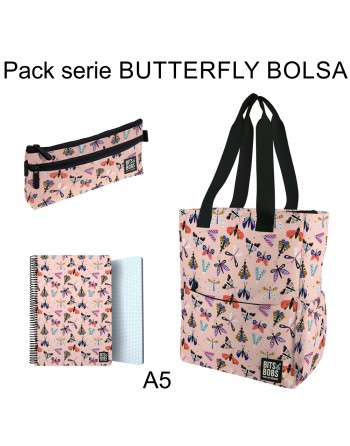 GRAFOPLAS PACK SERIE BYTTERFLY BOLSA CON ASA COLGANTE - PORTATODO PLANO - LIBRETA A5 80 HOJAS 37502235