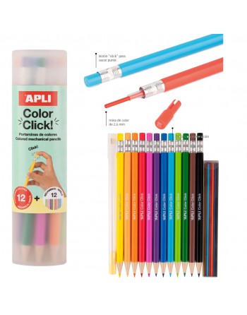 APLI PORTAMINAS DE COLORES CLICK. ESTUCHE DE 12 SIMIL LAPIZ DE COLORES ESCOLAR - 20079