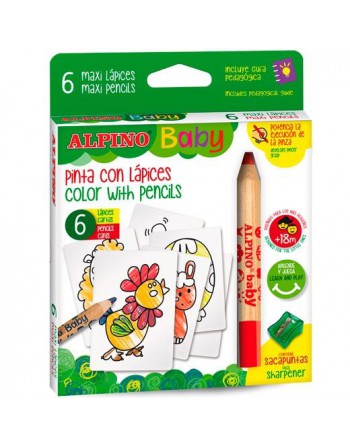 ALPINO LÁPICES DE COLORES BABY  LA GRANJA  PARA BEBÉS CON CARTAS PARA COLOREAR COLORES SURTIDOS ESTUCHE 6 UD AL002006