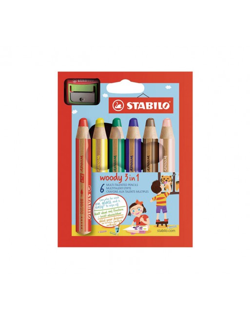 STABILO ESTUCHE 6 LAPICES WOODY 3 EN 1+SACAPUNTAS SURTIDO - 8806-2