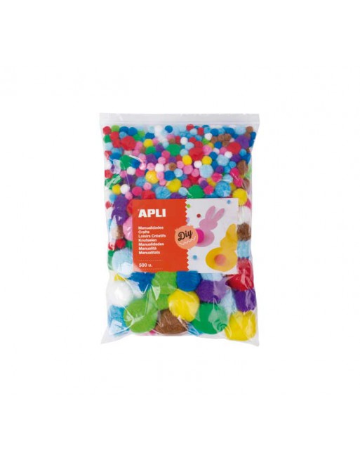 APLI BOLSA 500 POMPONES SURTIDO DE COLORES Y MEDIDAS - 17448