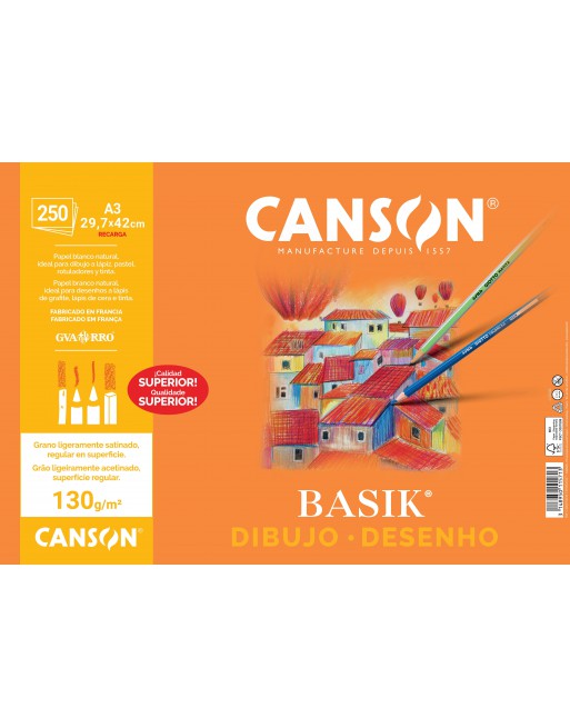 CANSON PACK 250H BASIK 130G A3 RETRACTILADO LISO - 400073038