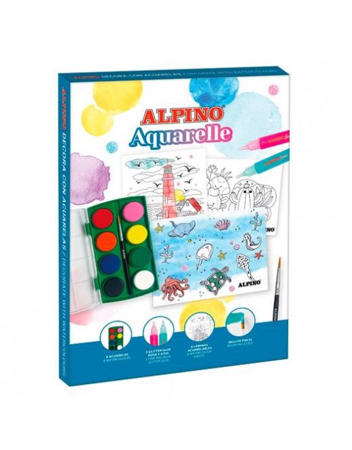 ALPINO SET CREATIVO DECOR AQUARELLE 6 ACUARELAS + 8 LÁMINAS + 2 GLITTER GLUE AD000002