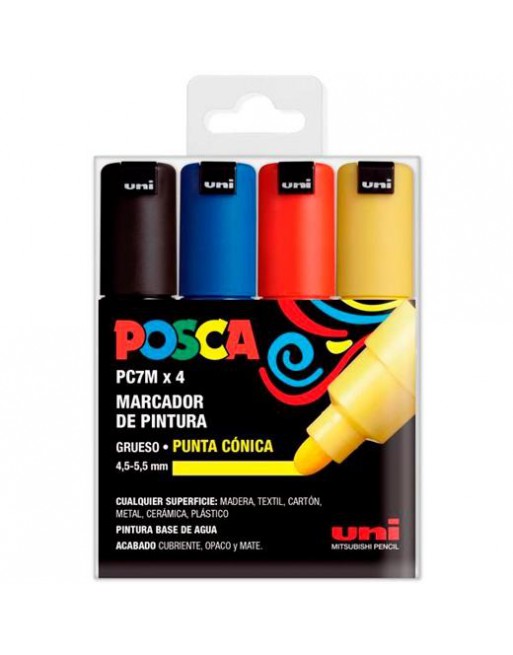 UNI-BALL POSCA MARCADOR PC-7M/4C NO PERMANENTE PUNTA BISELADA 4.5-5.5MM COLORES SURTIDOS BASIC -ESTUCHE 4U- 182634678