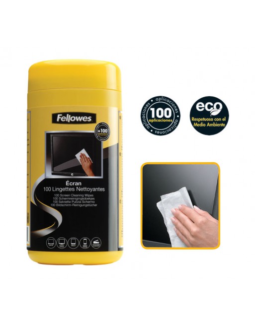 Limpiador de pantallas  Fellowes 9970330, Dispensador de 100 toallitas  limpiadoras de pantalla