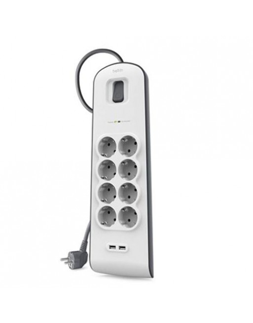BELKIN REGLETA DE PROTECCION CONTRA SOBRETENSIONES CON 8 TOMAS y 2 PUERTOS USB INTERRUPTOR 2 METROS BLANCO/GRIS BSV804VF2M