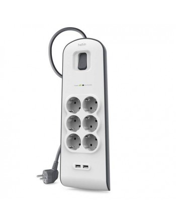 BELKIN REGLETA DE PROTECCION CONTRA SOBRETENSIONES CON 6 TOMAS + 2 PUERTOS USB INTERRUPTOR 2 METROS BLANCO/GRIS BSV604VF2M