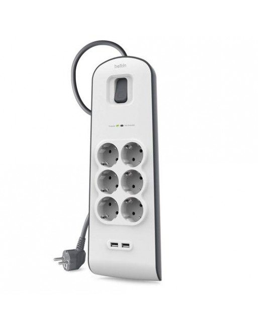 BELKIN REGLETA DE PROTECCION CONTRA SOBRETENSIONES CON 6 TOMAS + 2 PUERTOS USB INTERRUPTOR 2 METROS BLANCO/GRIS BSV604VF2M