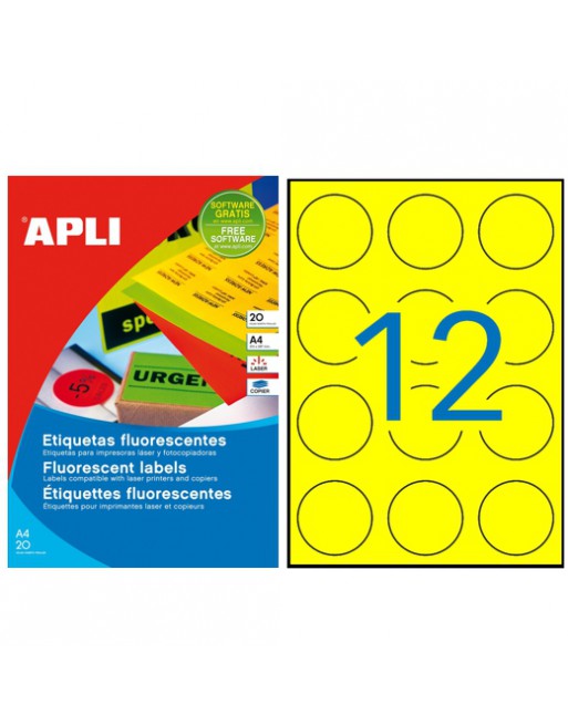 APLI CAJA 20 HOJAS A4 CON ETIQUETA FLUORESCENTE AMARILLO CIRCULAR DIAMETO 60 MM 210X297 - 02866