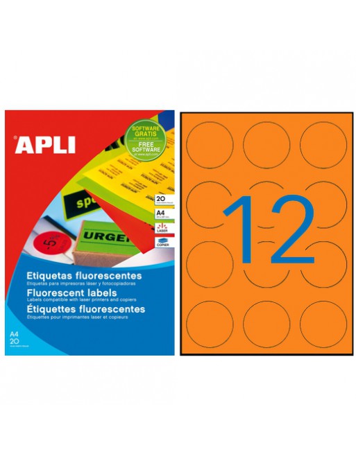APLI CAJA 20 HOJAS A4 CON ETIQUETA FLUORESCENTE NARANJA CIRCULAR DIAMETO 60 MM 210X297 - 02867