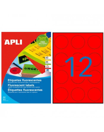 APLI CAJA 20 HOJAS A4 CON ETIQUETA FLUORESCENTE ROJO CIRCULAR DIAMETO 60 MM 210X297 - 02868