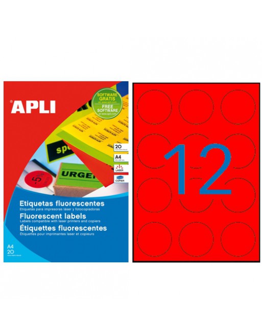 APLI CAJA 20 HOJAS A4 CON ETIQUETA FLUORESCENTE ROJO CIRCULAR DIAMETO 60 MM 210X297 - 02868