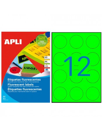 APLI CAJA 20 HOJAS A4 CON ETIQUETA FLUORESCENTE VERDE CIRCULAR DIAMETO 60 MM 210X297 - 02869